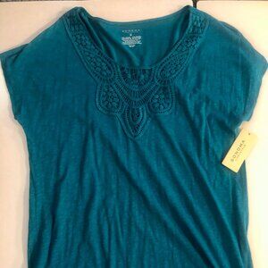 Sonoma Turquoise Blue Short Dolman Sleeve Crochet Neck Blouse Size Medium NWT